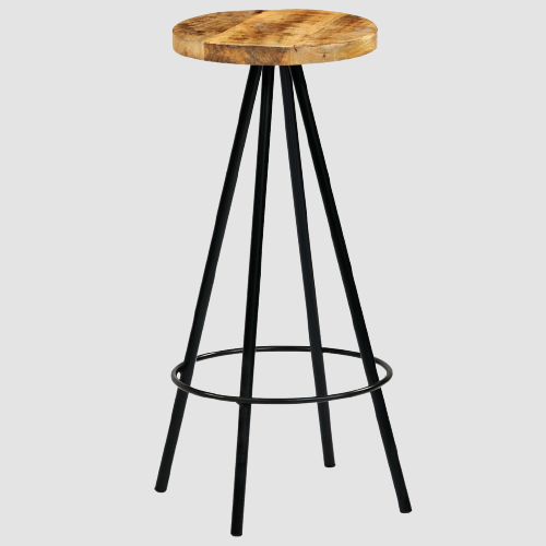 Tabouret de bar industriel rustique en bois et métal avec repose pieds et assise rondin 