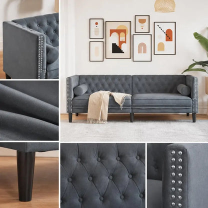 Canapé chesterfield 3 places en velours gris foncé – détails du capitonnage, des clous et des pieds