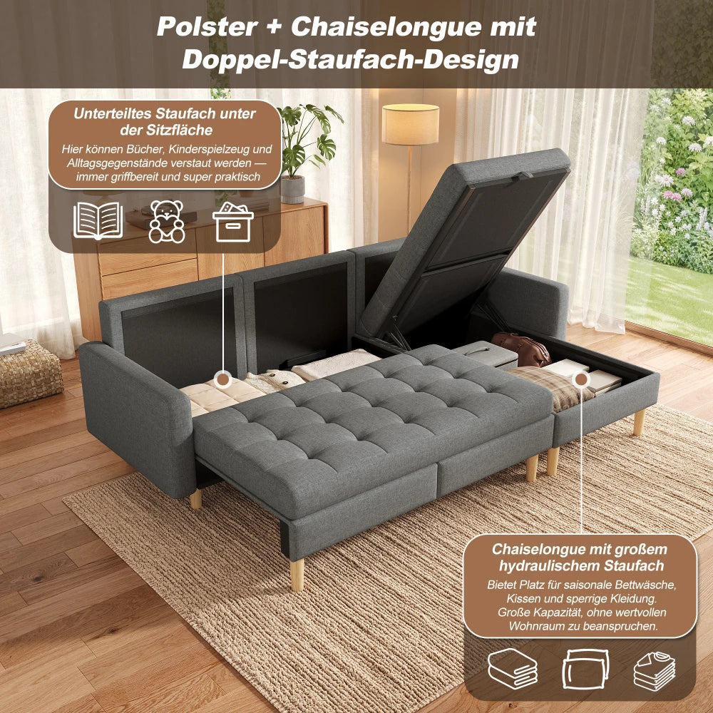 Canapé chesterfield d'angle convertible en tissu avec rangement – détail des deux rangements