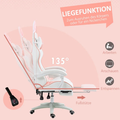 Fauteuil gamer ergonomique fille rose et blanc inclinable réglable avec oreilles de lapin décoratives appui-tête et renfort lombaire