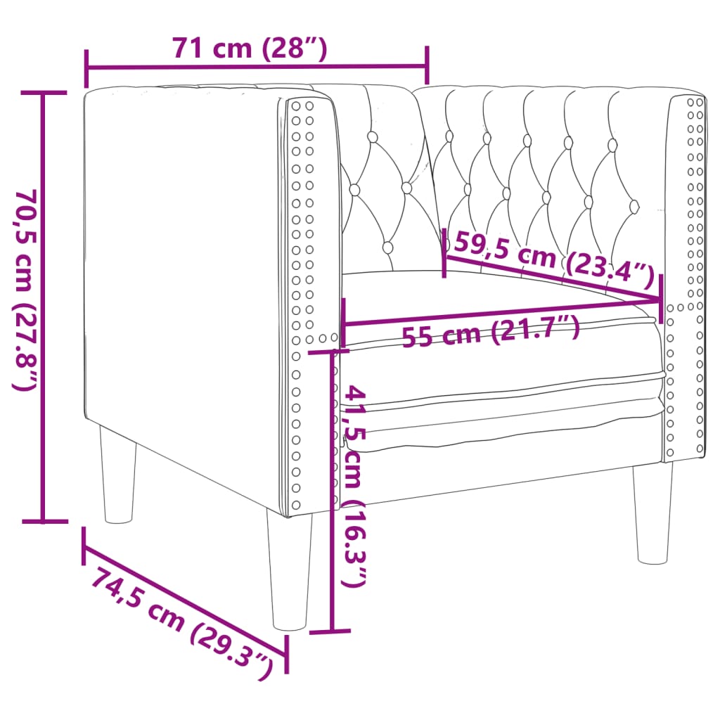 Schéma des dimensions du fauteuil chesterfield : 71 x 74,5 x 70,5 cm