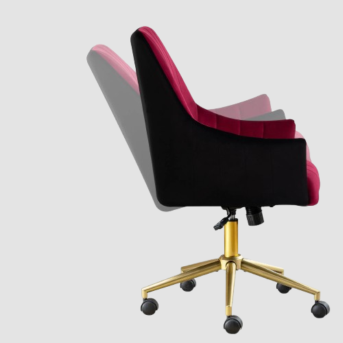 chaise de bureau en velours bordeau sur pieds à roulettes en métal doré