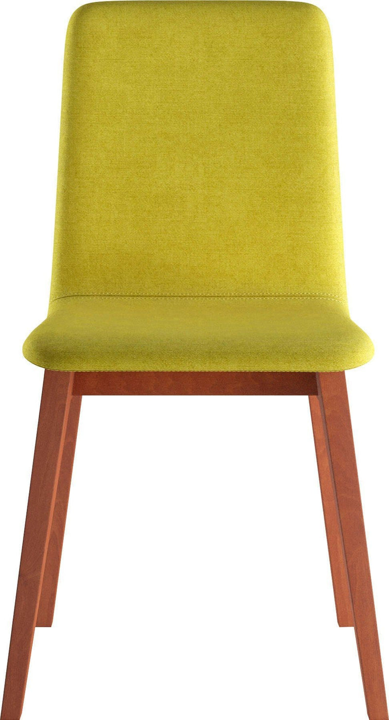 chaise monocoque jaune tissu et pieds bois