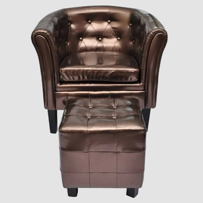 Fauteuil chesterfield cabriolet en similicuir bronze avec son repose-pied, vue de face