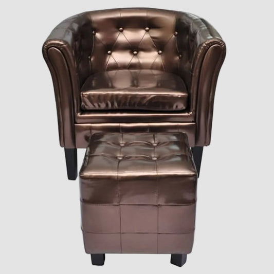 Fauteuil chesterfield cabriolet en similicuir bronze avec son repose-pied, vue de face