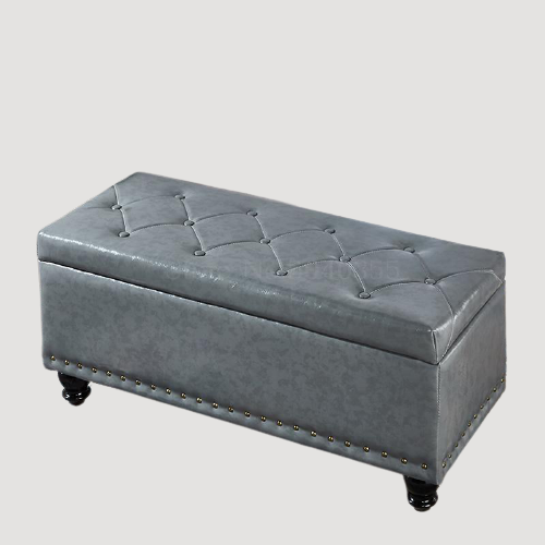 Banc de rangement moderne capitonné en bois et similicuir gris capitonné
