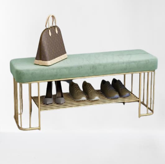 Banc de rangement design en velours et métal doré mate