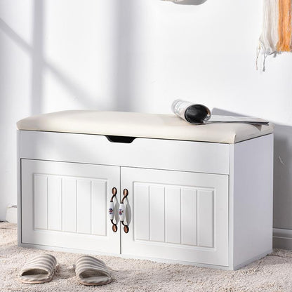 Banc de rangement en bois blanc avec portières de style