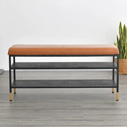 Banc de rangement design en métal noir et cuir