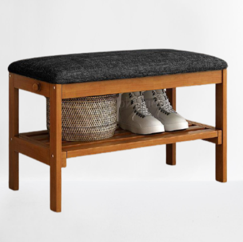 Banc de rangement en bois et tissus gris chiné
