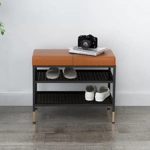 Banc de rangement design en métal noir et cuir