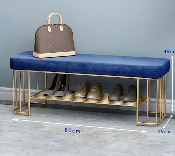 Banc de rangement design en velours et métal doré mate