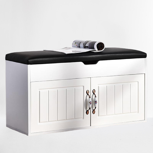 Banc de rangement en bois blanc avec portières
