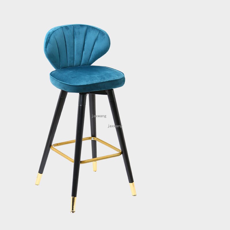 Chaise de bar avec assise coquillage en velours et pieds en bois massif renforcé