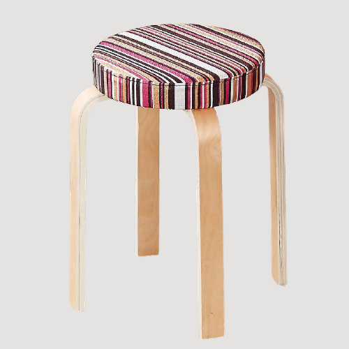 Tabouret scandinave avec assise ronde rembourrée en tissu rayé et pieds en bois