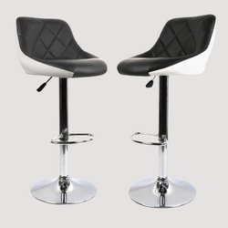 Chaise de bar design ajustable en similicuir noir et blanc sur pied centre en inox avec repose pieds