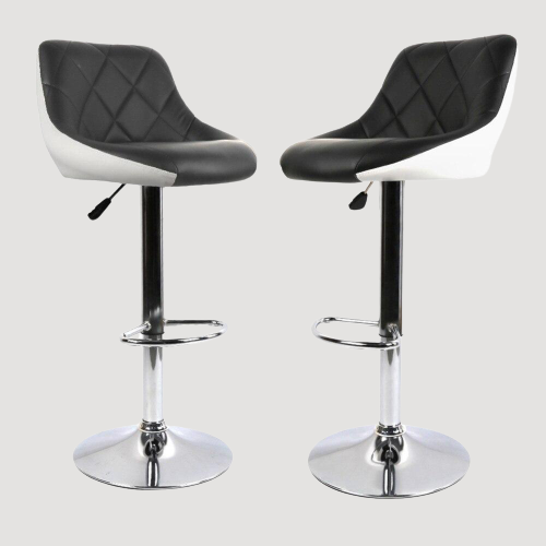 Chaise de bar design ajustable en similicuir noir et blanc sur pied centre en inox avec repose pieds