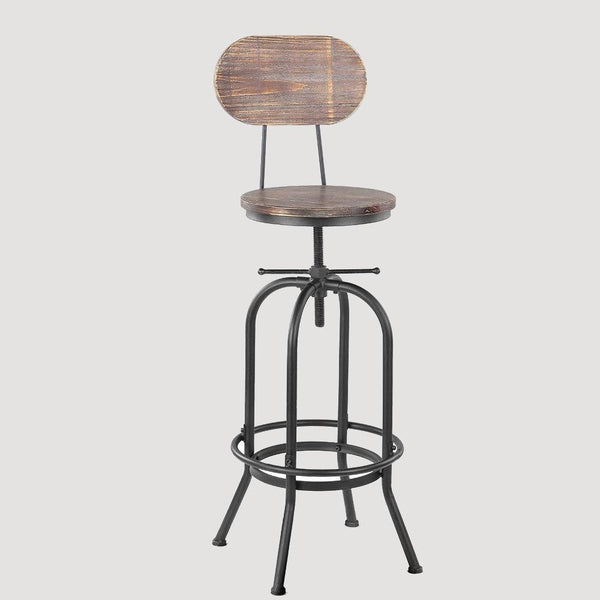 Chaise de bar de style industriel avec assise en bois et pieds en fer noir avec reposes pieds