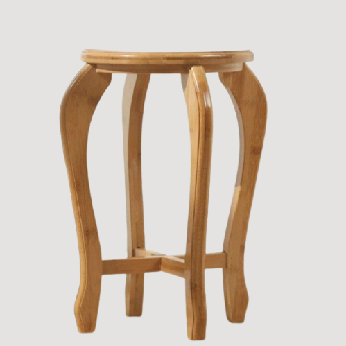 Tabouret scandinave en bois vernis avec assise ronde et pieds incurvés