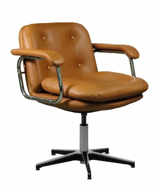 Chaise de bureau ergonomique vintage en cuir sans roulettes avec accoudoirs et dossier haut HERITAGE 80 DIRECTION PETIT DOSSIER – Marron