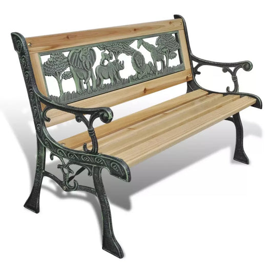Banc industriel en bois et fer avec sculpture sur dossier