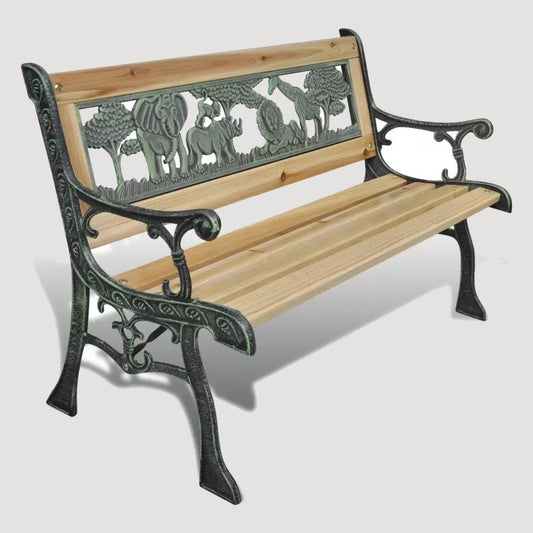 Banc industriel en bois et fer avec sculpture sur dossier