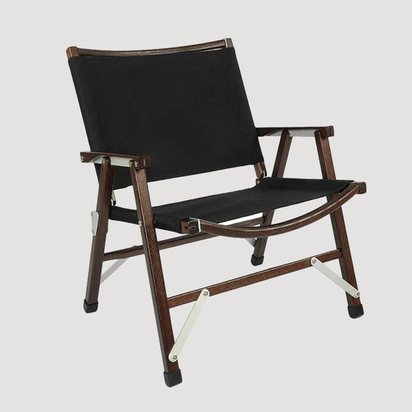 Chaise pliable en bois foncé et toile noire à dossier large