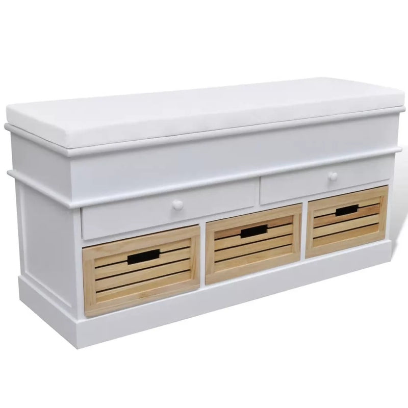 Banc De Rangement En Bois Blanc Avec Tiroirs Et Caissons Sosiege banc-de-rangement-en-bois-blanc-avec-tiroirs-et-caissons-sosiege