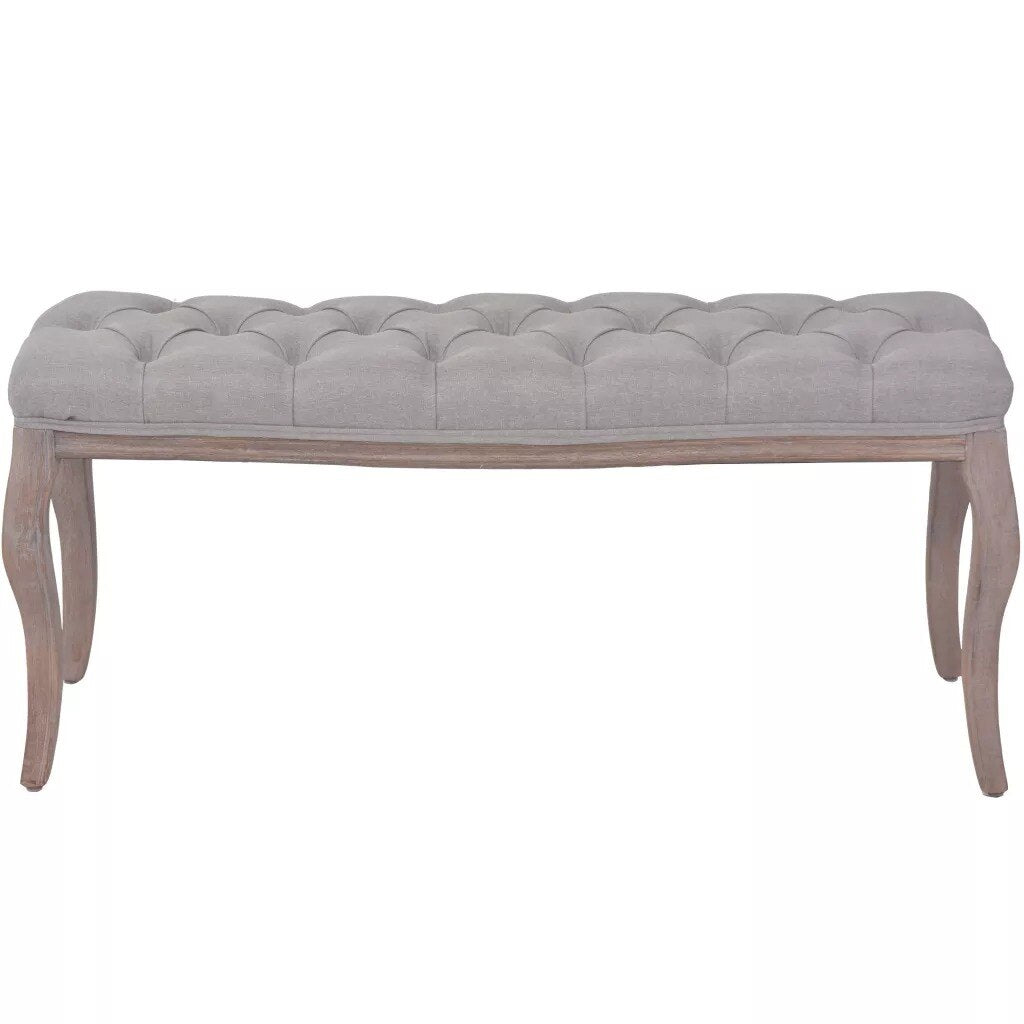 Banc design d'époque en bois et assise capitonnée en tissu gris