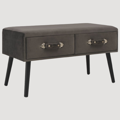 Banc de rangement en velours gris sur pieds avec double tiroirs