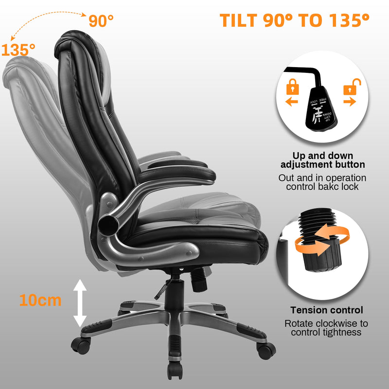 Chaise de bureau ergonomique pivotante à assise fauteuil avec accoudoirs rétractables et dossier inclinable