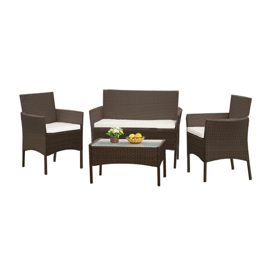 Chaise design en rotin  (lot de 3) avec table basse – Marron
