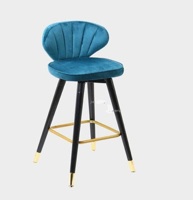 Chaise de bar avec assise coquillage en velours et pieds en bois massif renforcé