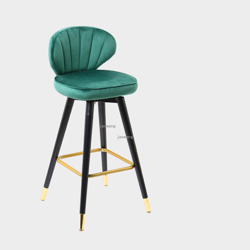 Chaise de bar avec assise coquillage en velours et pieds en bois massif renforcé
