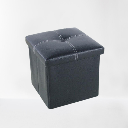 Banc de rangement avec couvercle capitonné en simili cuir noir et surpiqûres blanches