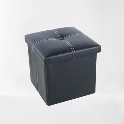 Banc de rangement avec couvercle capitonné en simili cuir noir et surpiqûres blanches