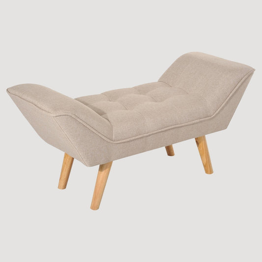 Banc scandinave en tissu beige et pieds en bois avec assise incurvée à chaque extrémité