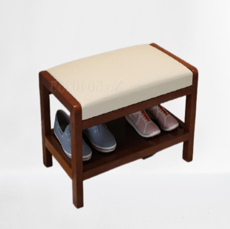 Banc de rangement en bois vernis et simili cuir beige