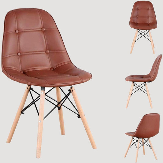 Chaise scandinave en simili cuir marron capitonné et bois 