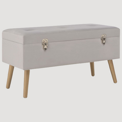 Banc de rangement gris style coffre sur pieds en bois