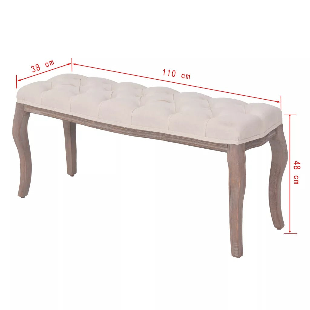 Banc design de style ancien en bois avec assise capitonnée en tissu beige