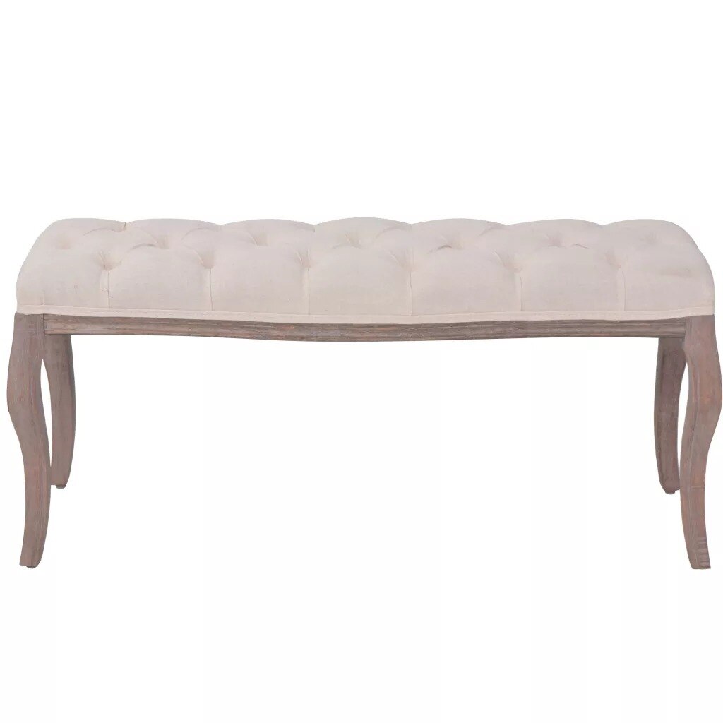 Banc design de style ancien en bois avec assise capitonnée en tissu beige