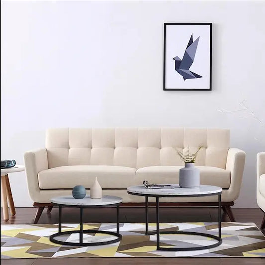 Canapé scandinave capitonné pieds marrons tissu crème