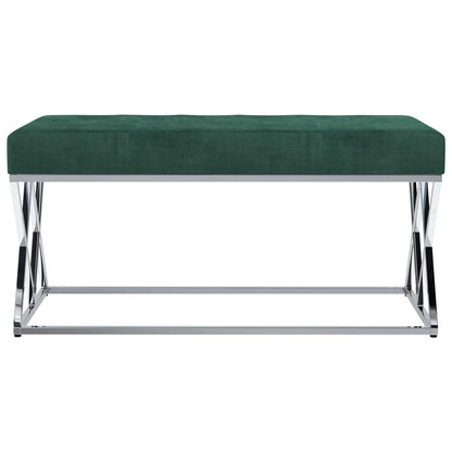 Banc design en velours vert et pieds en métal argent