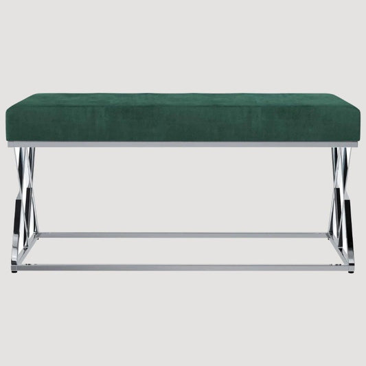 Banc design en velours vert et pieds en métal argent