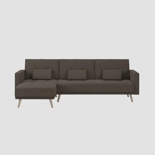 Canapé convertible moderne en tissu capitonné avec accoudoirs et pieds en bois