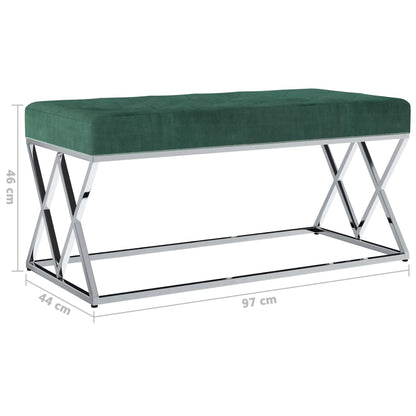Banc design en velours vert et pieds en métal argent