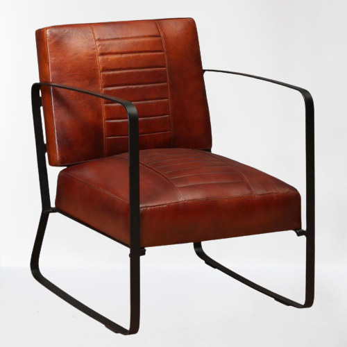 Chaise vintage en cuir marron et métal noir avec accoudoirs et assise confort