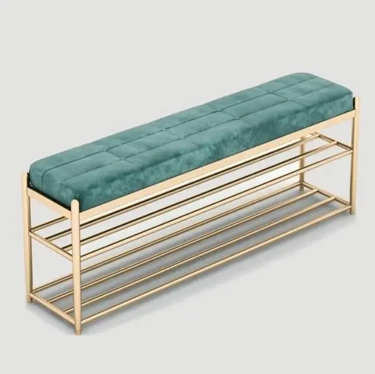 Banc de rangement design en velours bleu et métal doré
