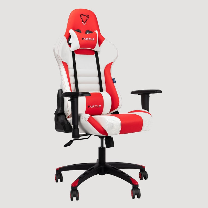 Chaise de bureau ergonomique pour gamer blanc et rouge avec accoudoirs repose tête et soutien lombaire, rotative et sur roulettes